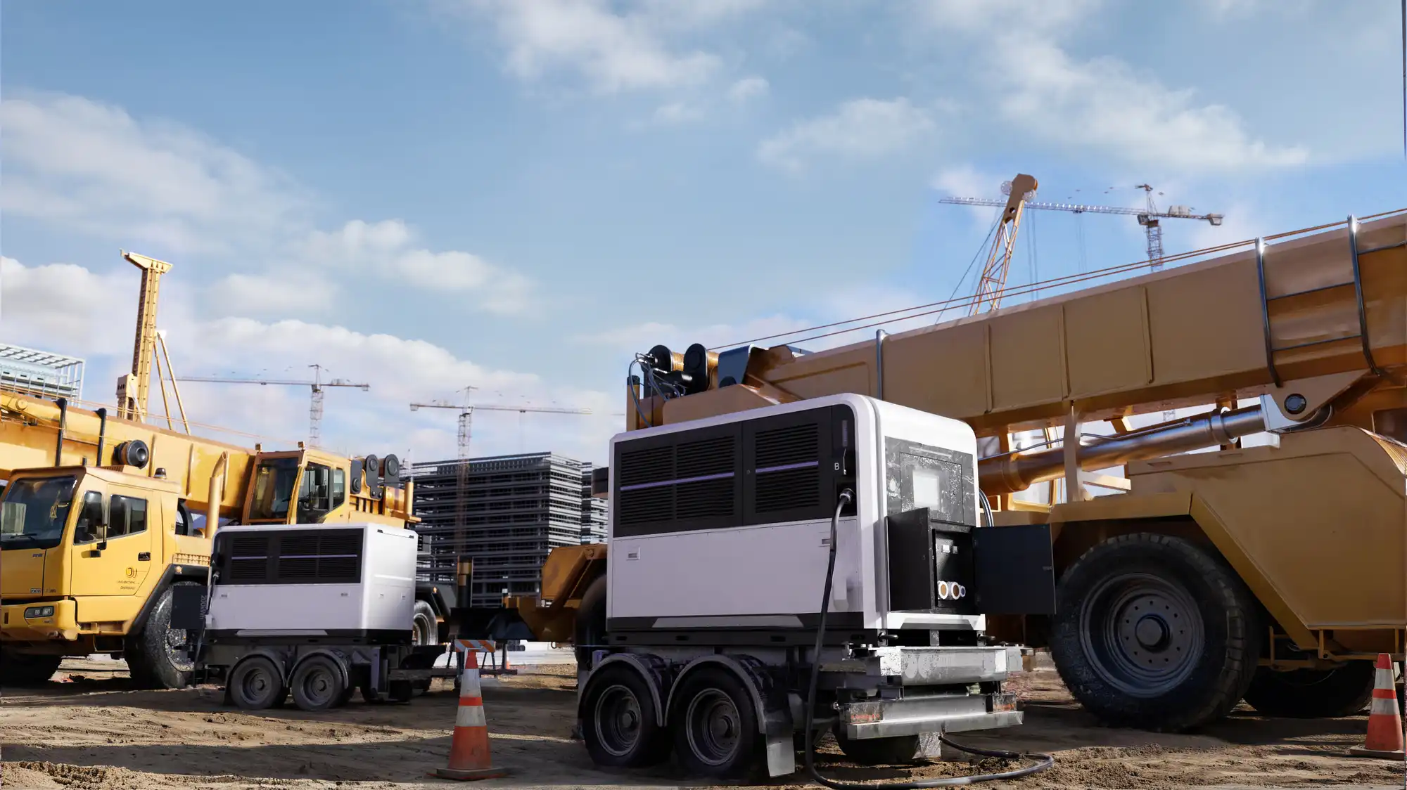 a yellow excavator sitting on top of a dirt field