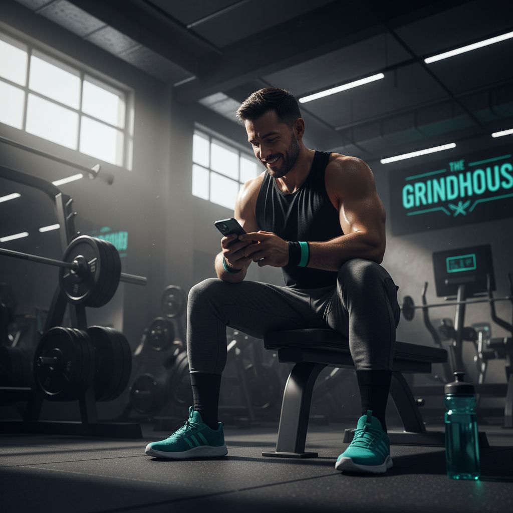 Athlete using workout tracker app between sets at gym