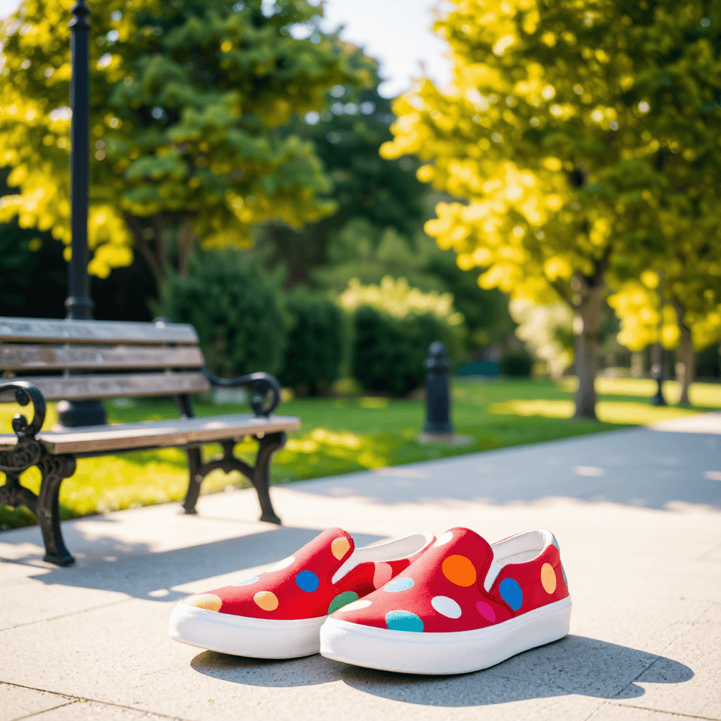 product photography of a pair of colorful slip-on shoes with polka dots