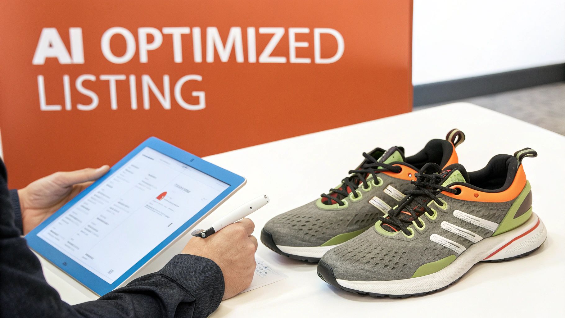 A person uses a tablet and stylus to create an AI optimized product listing for a pair of athletic shoes.
