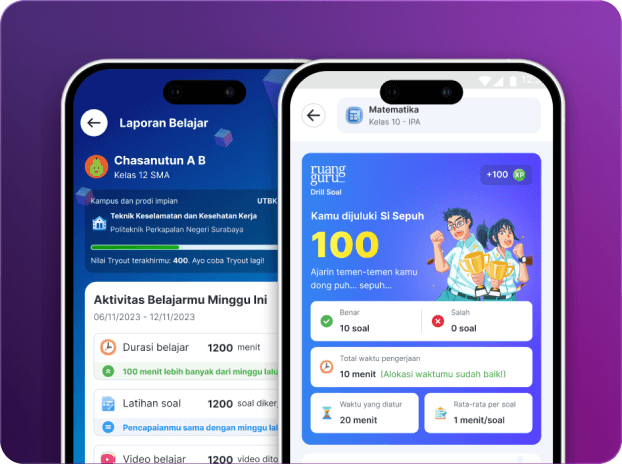 Mobile interface mockup of Ruangguru Learning Report System showing UI UX design implementation