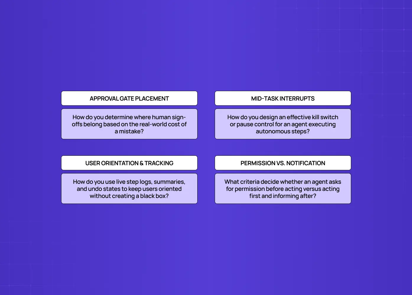 Slide covering agent UX topics including approval gates, mid-task interruptions, user orientation and tracking, and permission vs. notification.