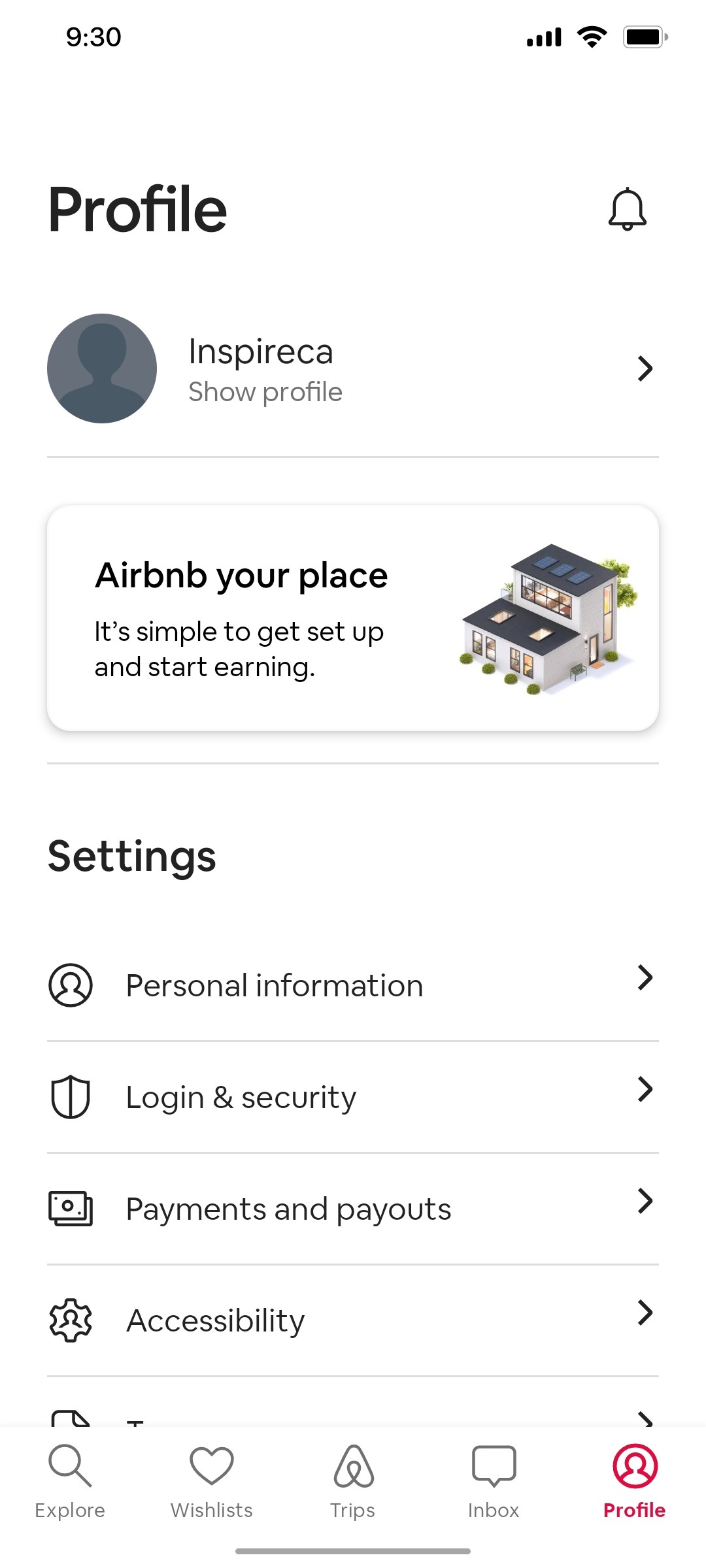 Airbnb My Profile Screen