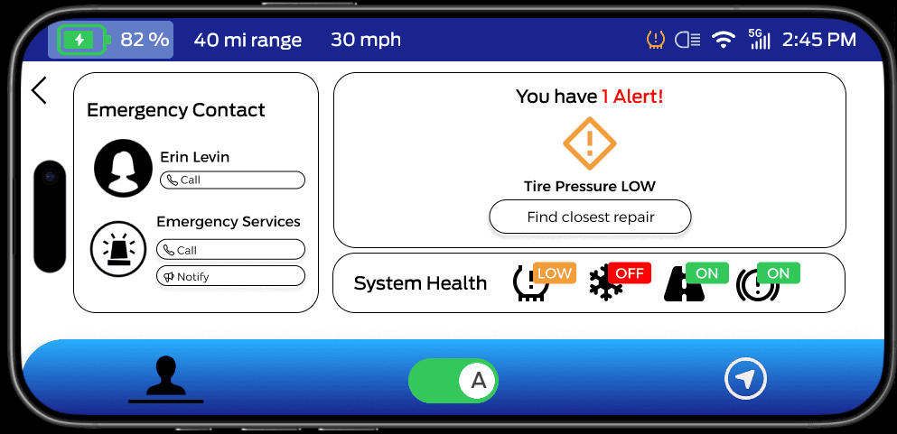 Dashboard profile screen, with thin condensed emergency contact information, alert notification and action, and system health icons that display statuses in the top right