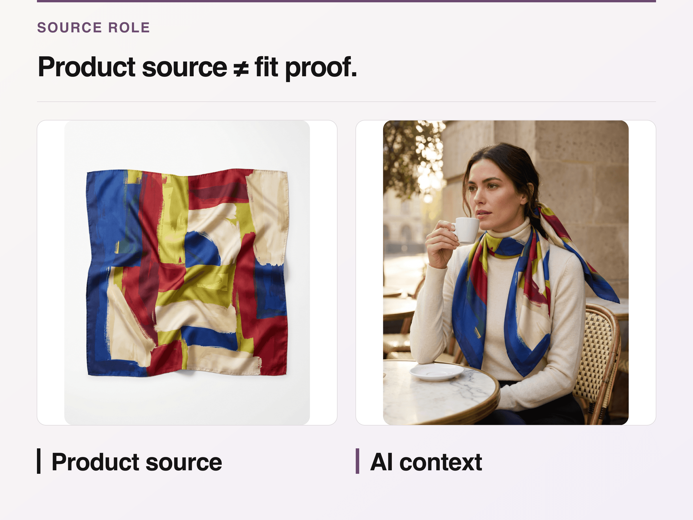 Authorized colorful silk scarf product source beside its AI-generated on-model Look Atlas context