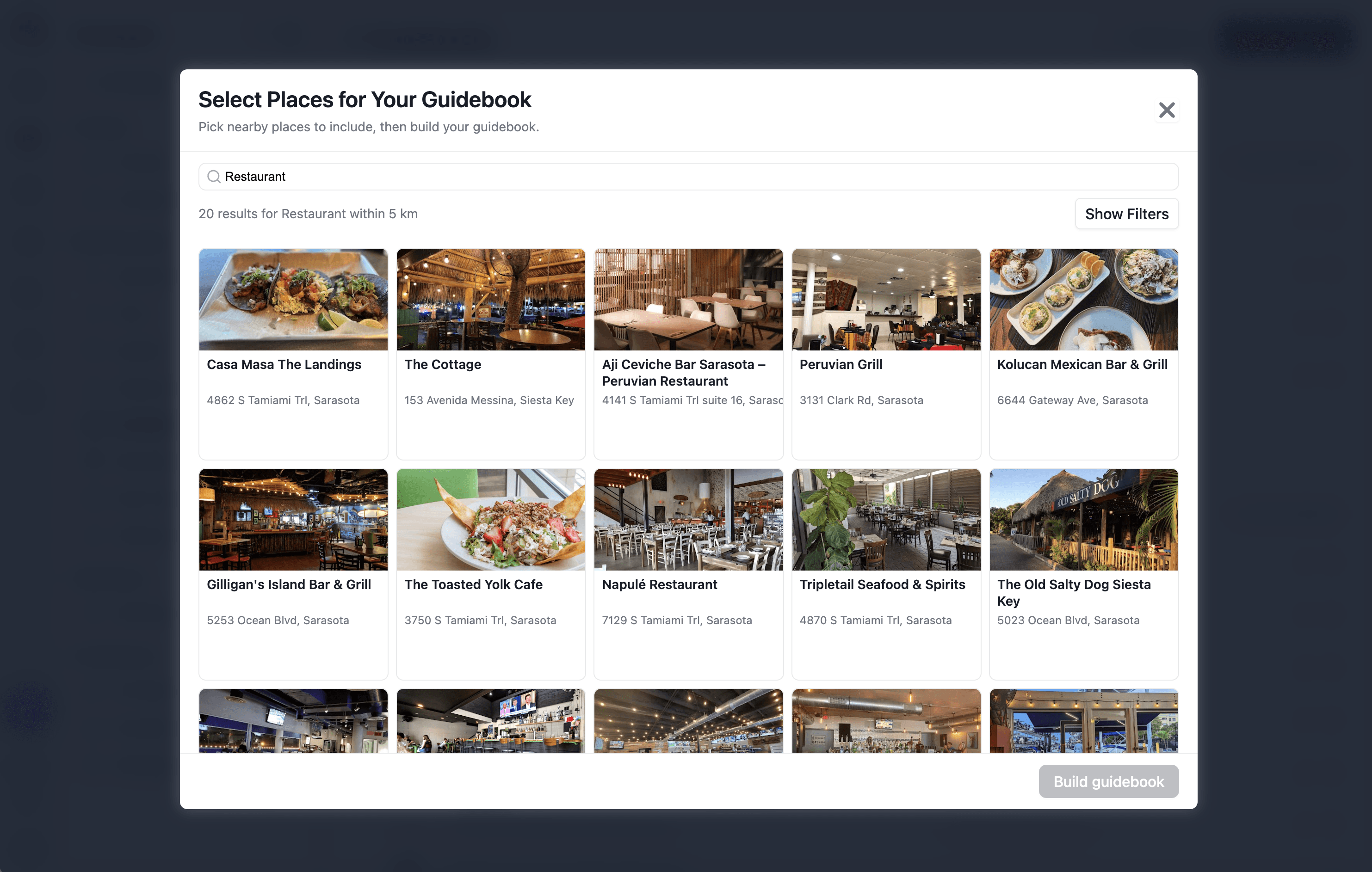Screenshot of selecting nearby places on Google to build a guidebook