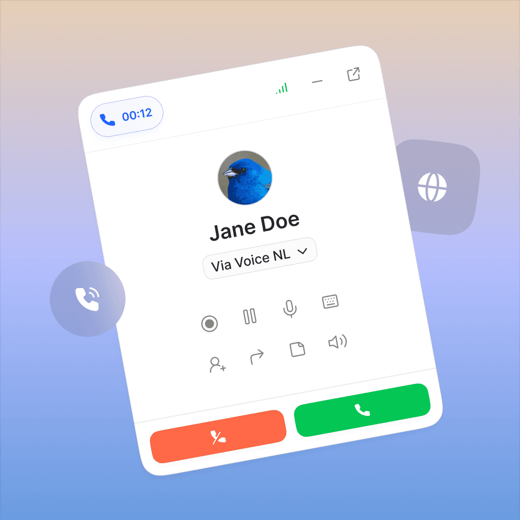 Call interface with user 'Jane Doe' on a voice call, showing call duration and control icons.