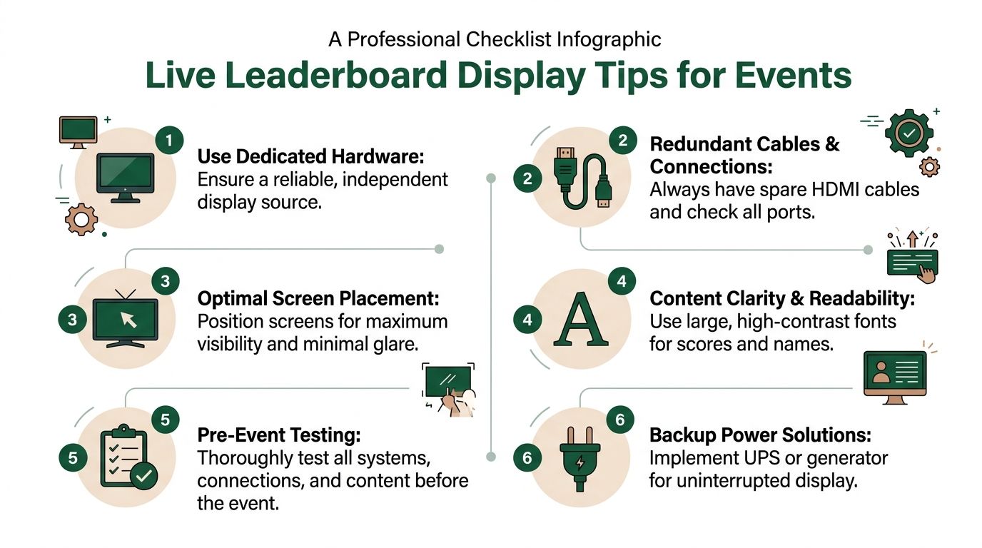 A professional checklist infographic detailing six essential tips for managing live event leaderboard displays and hardware.
