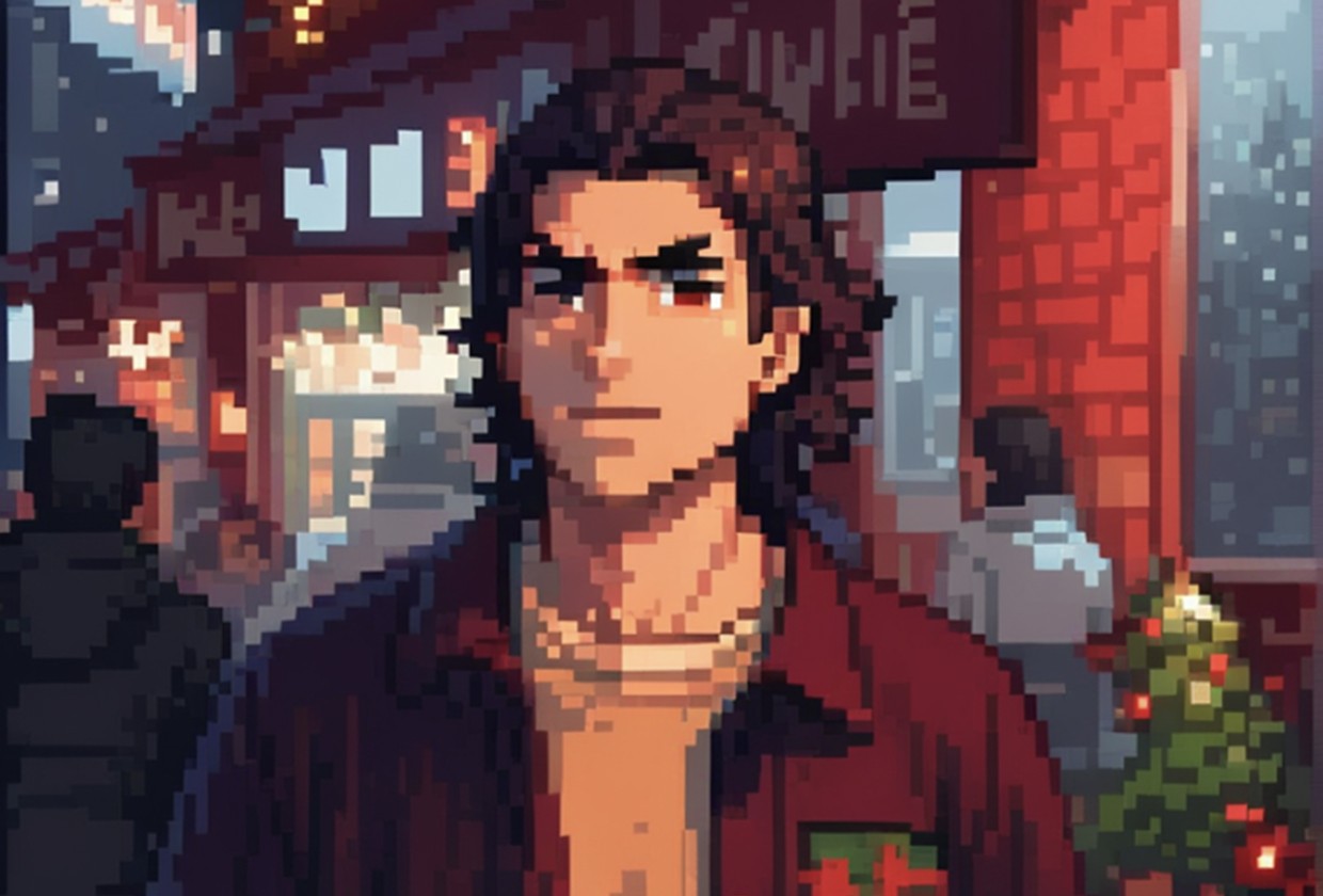 A pixel art portrait of a young man wearing a red shirt and necklace, standing in front of a festive street scene with Christmas decorations and glowing lights.