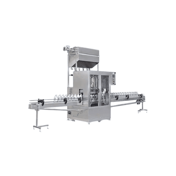 An auto-inline 4-nozzles volumetric filling machine, showing the complete industrial filling line.