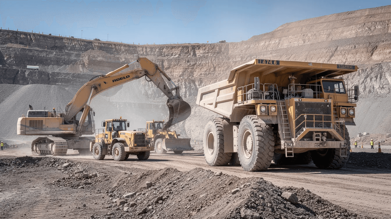 A mining haul truck is seen operating near other connected heavy equipment, showcasing the integration of IoT technologies for predictive maintenance. This setup highlights the importance of real-time data collection and analysis to monitor equipment performance and reduce unplanned downtime.