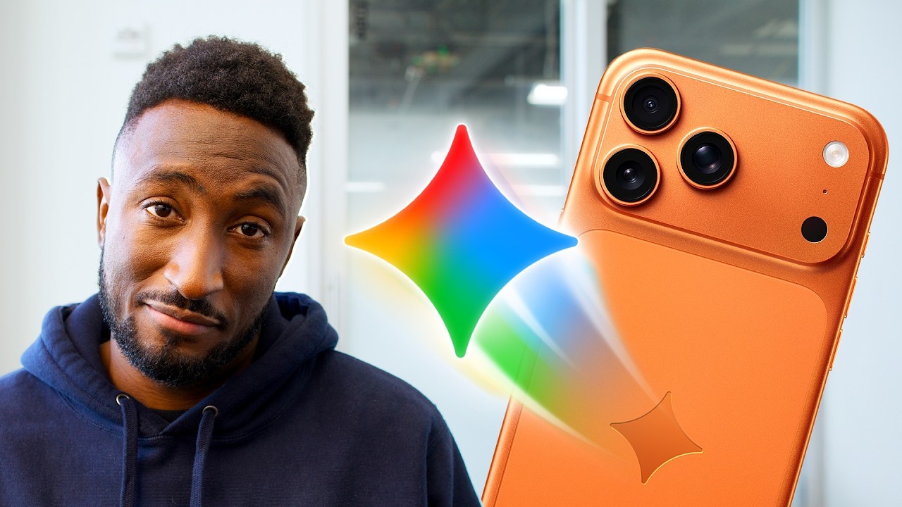 MKBHD-style AI explainer thumbnail with orange phone and floating Siri-style comment card