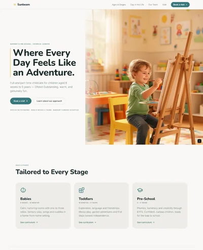 Childcare nursery website prompt — warm white and deep teal nursery pre-school website design preview