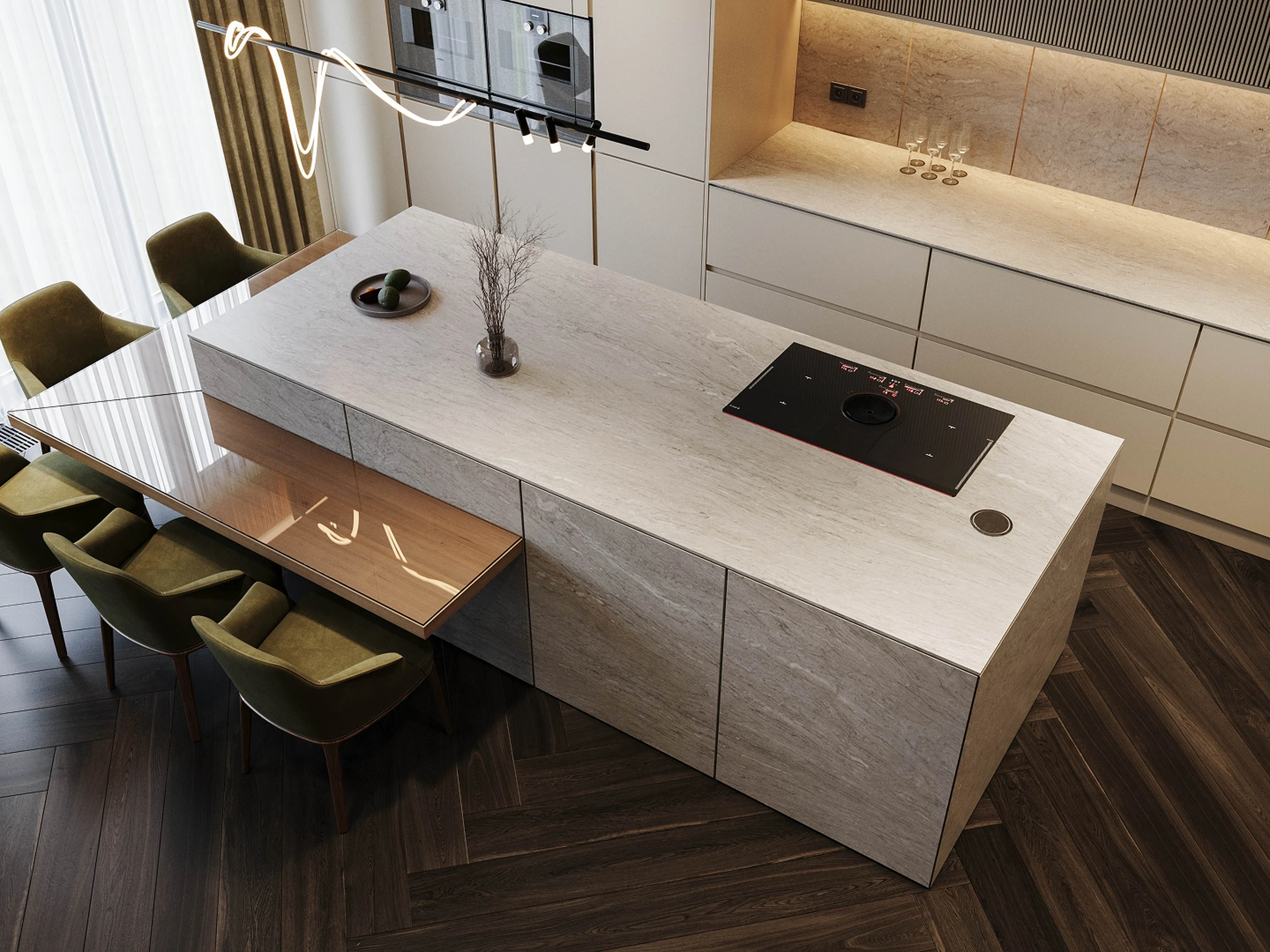 Détail — joint creux entre lambris et quartz.