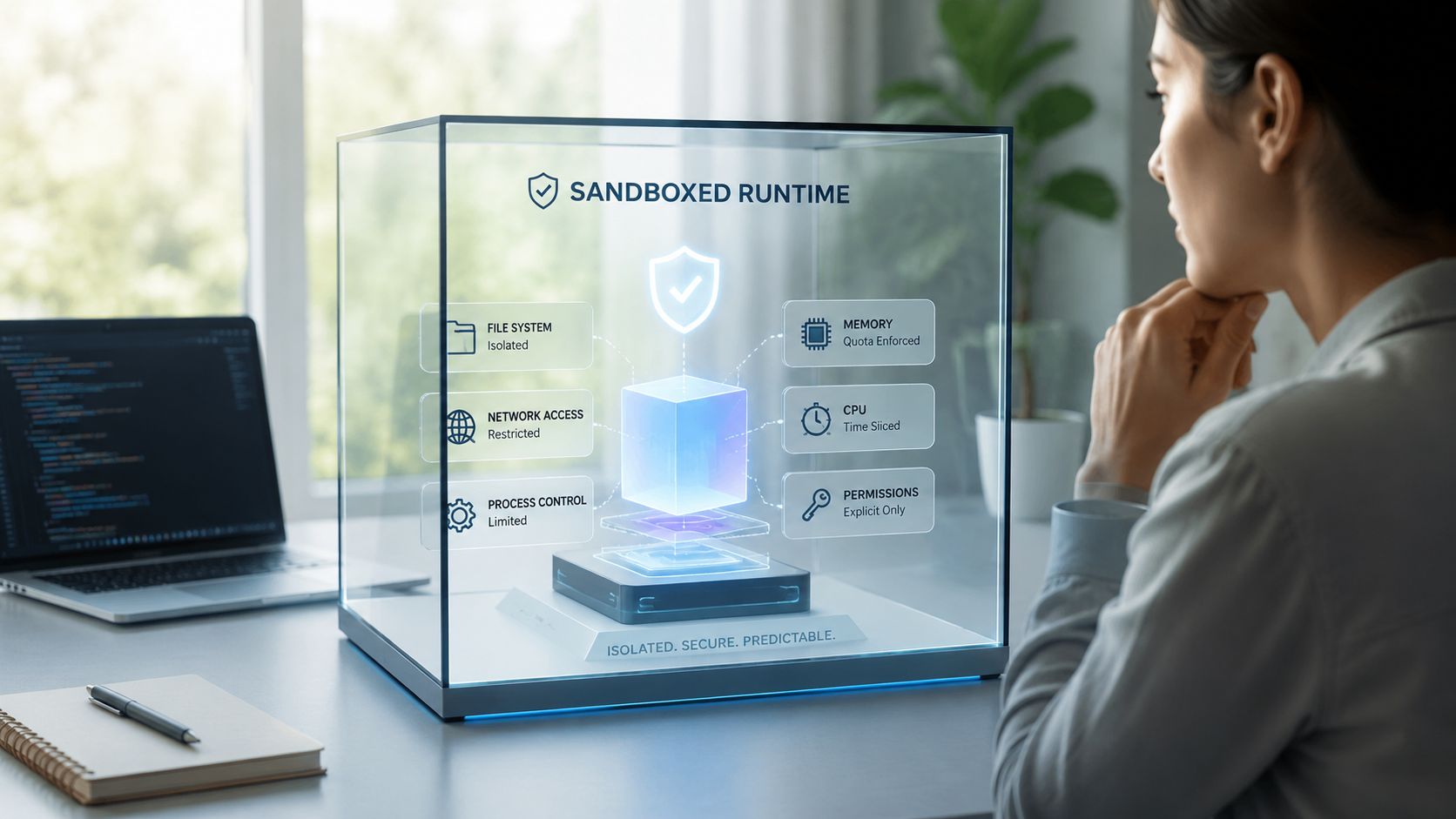 A person looking at a holographic visualization of a sandboxed runtime environment on a digital glass display.