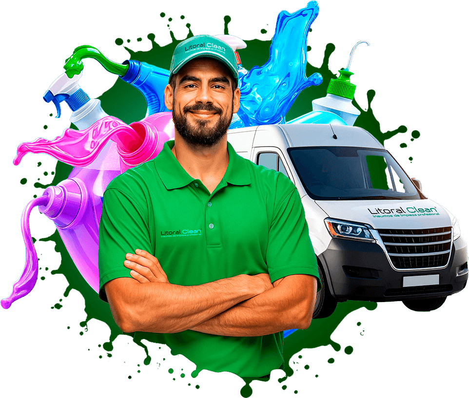 Entregador frente a vários productos de limpieza y una camioneta de envios