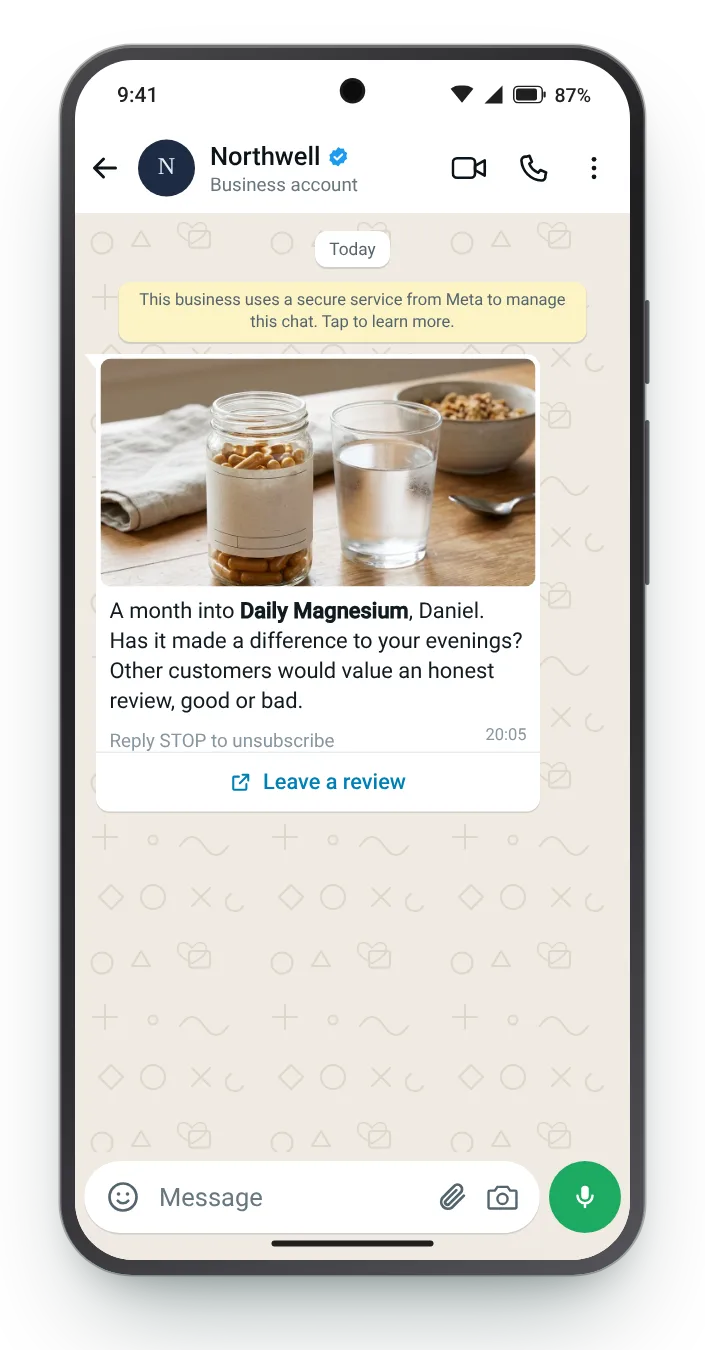 Asking about results, not the parcel: WhatsApp review request on an Android phone