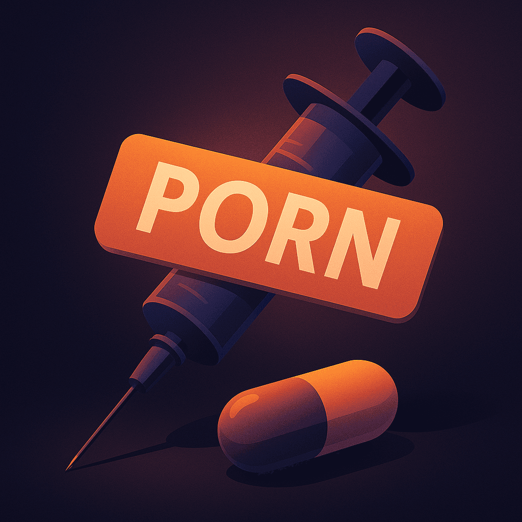 Illustration of the word 'PORN' depicted on a syringe, alongside a pill, symbolizing pornography as a gateway drug concept