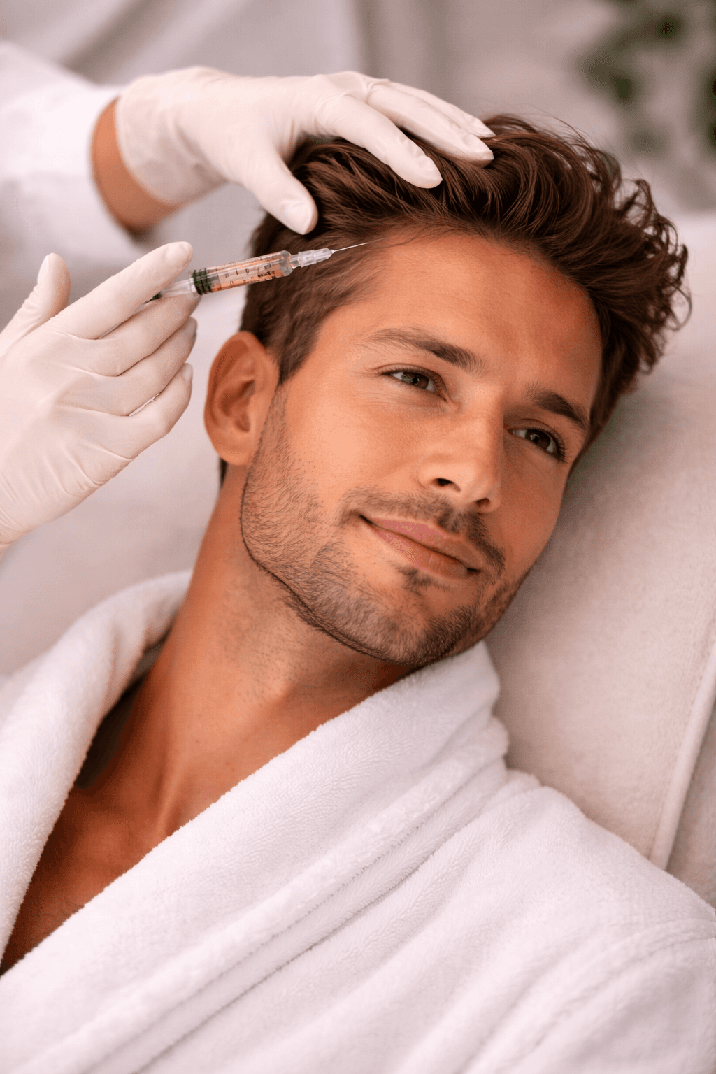 Close-up of a man receiving a gloved professional applying an injection to the hairline, representing hair restoration therapy.
