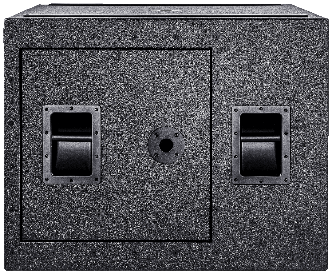 Black textured speaker cabinet with two handles and pole mount.