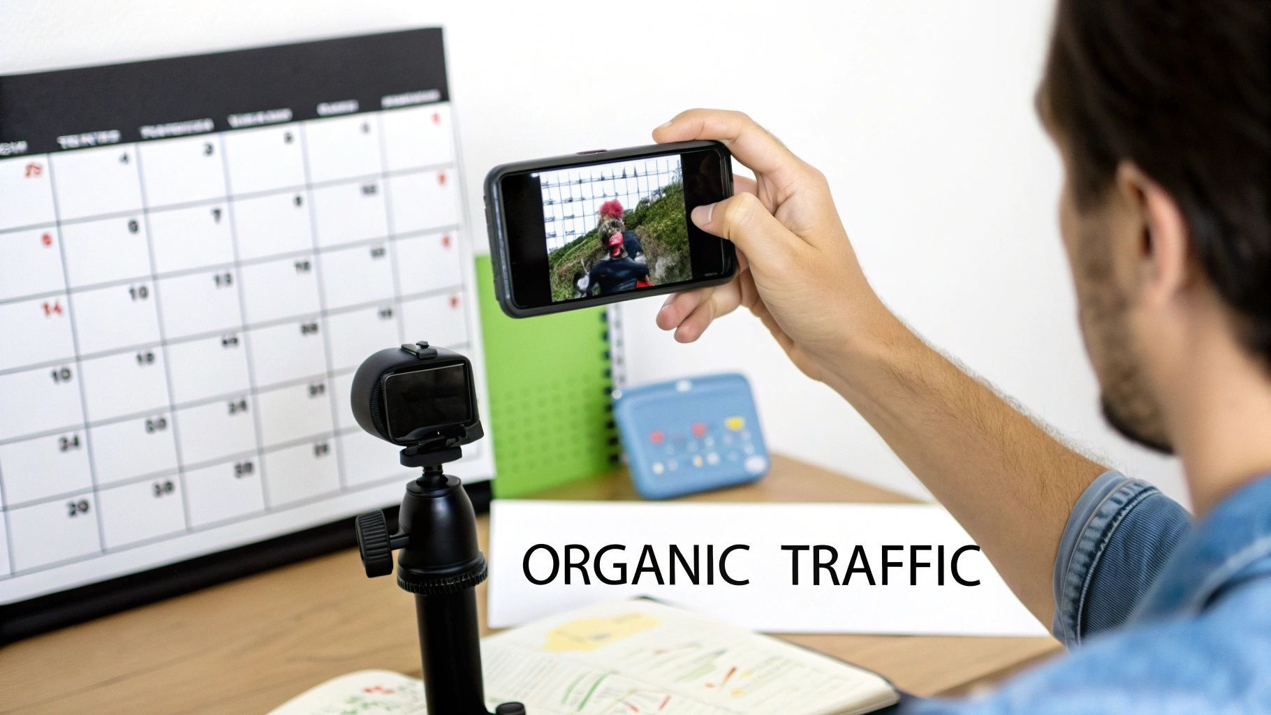 A person holds a phone displaying a video, with 'ORGANIC TRAFFIC' text on a desk.