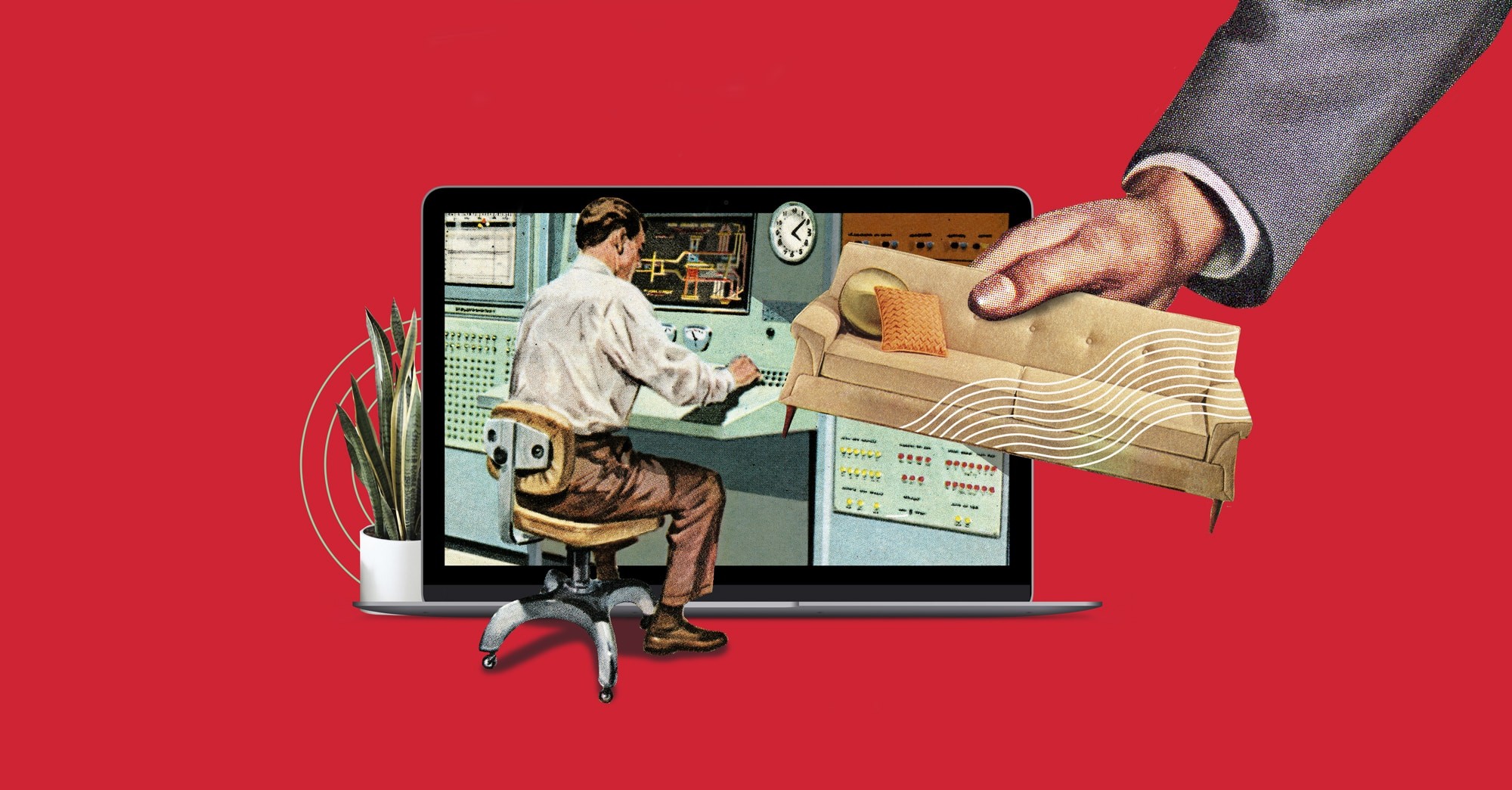 Hombre trabajando en una computadora vintage con fondo rojo y planta decorativa.