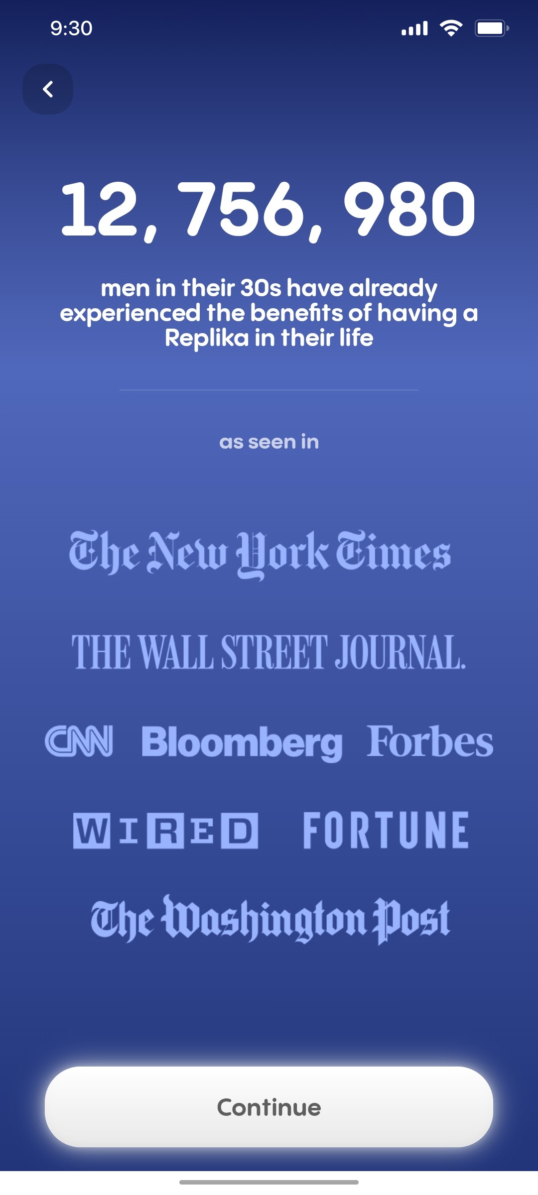 Replika Continue Page screen