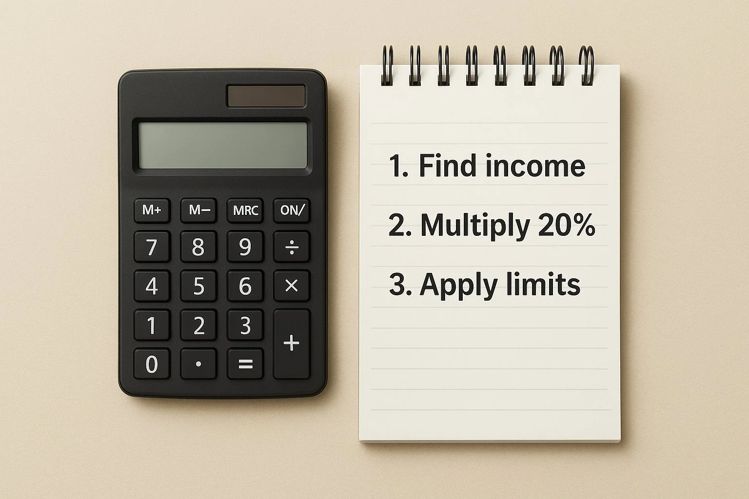 Calculator next to a notepad showing steps to find income, multiply by 20 percent, and apply limits, illustrating a calculation process.