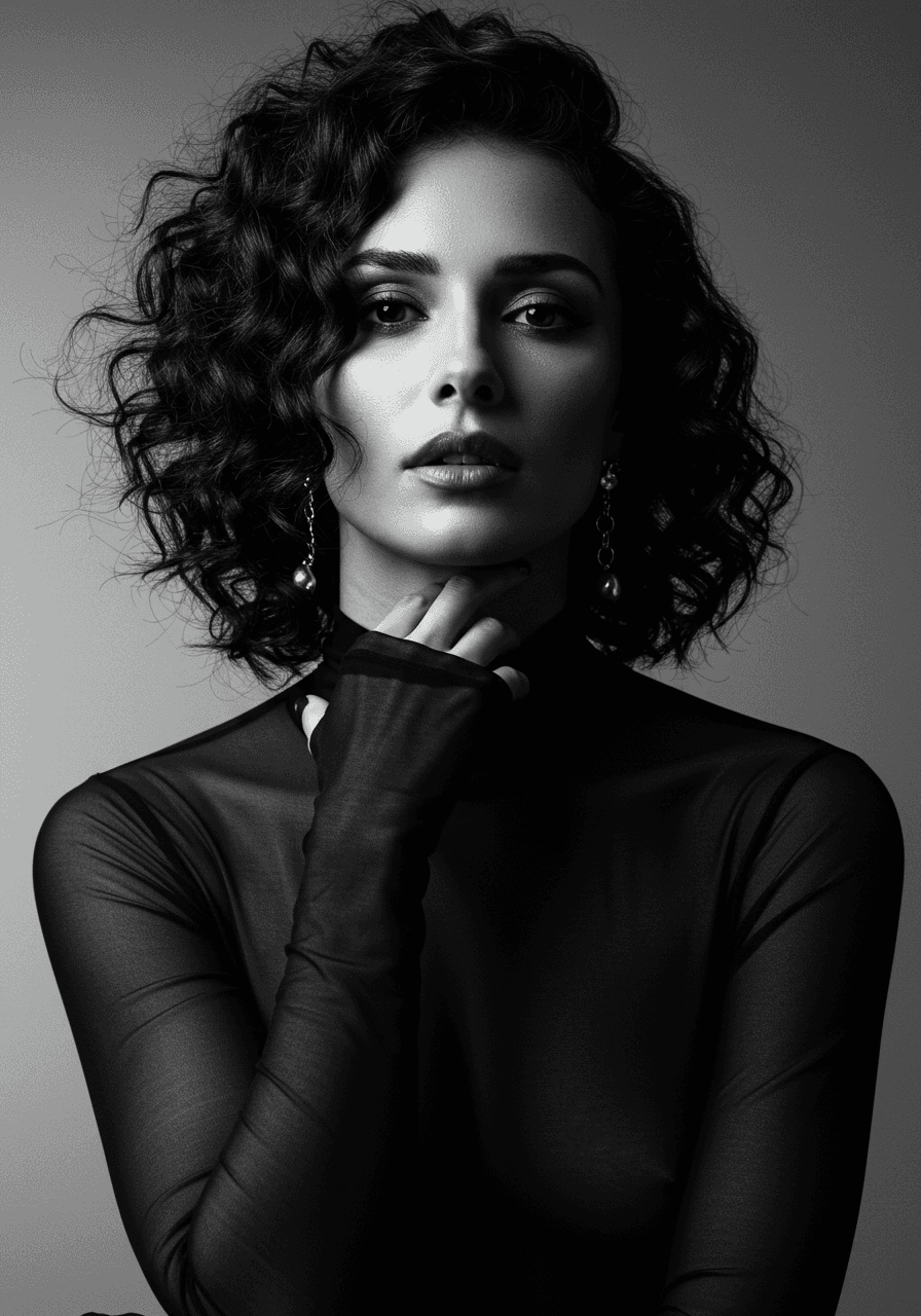Striking black-and-white portrait of a woman in a sheer black turtleneck, exuding elegance with dramatic lighting and a confident pose.