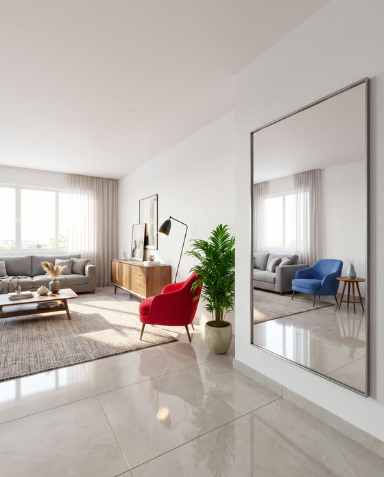 Render de sala com poltrona vermelha que aparece azul no reflexo do espelho.
