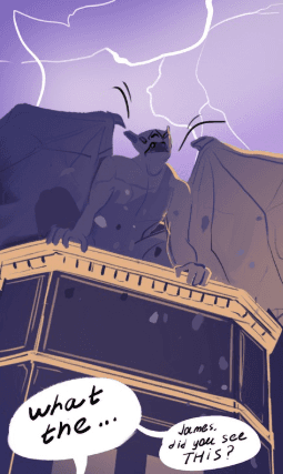 A comic of a winged gargoyle on a gothic-style building