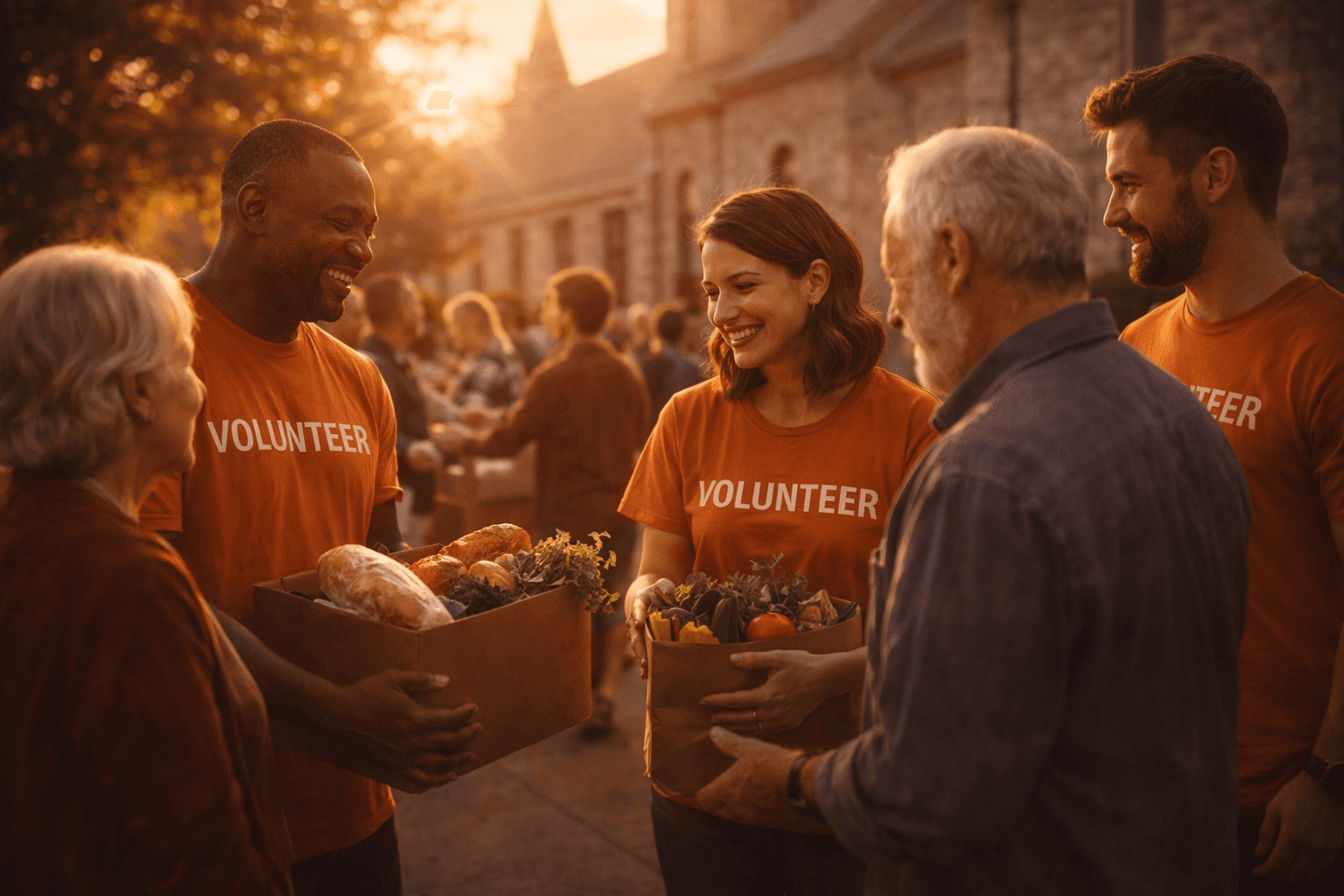 Church volunteers helping community members during an outreach program with warm and welcoming atmosphere.