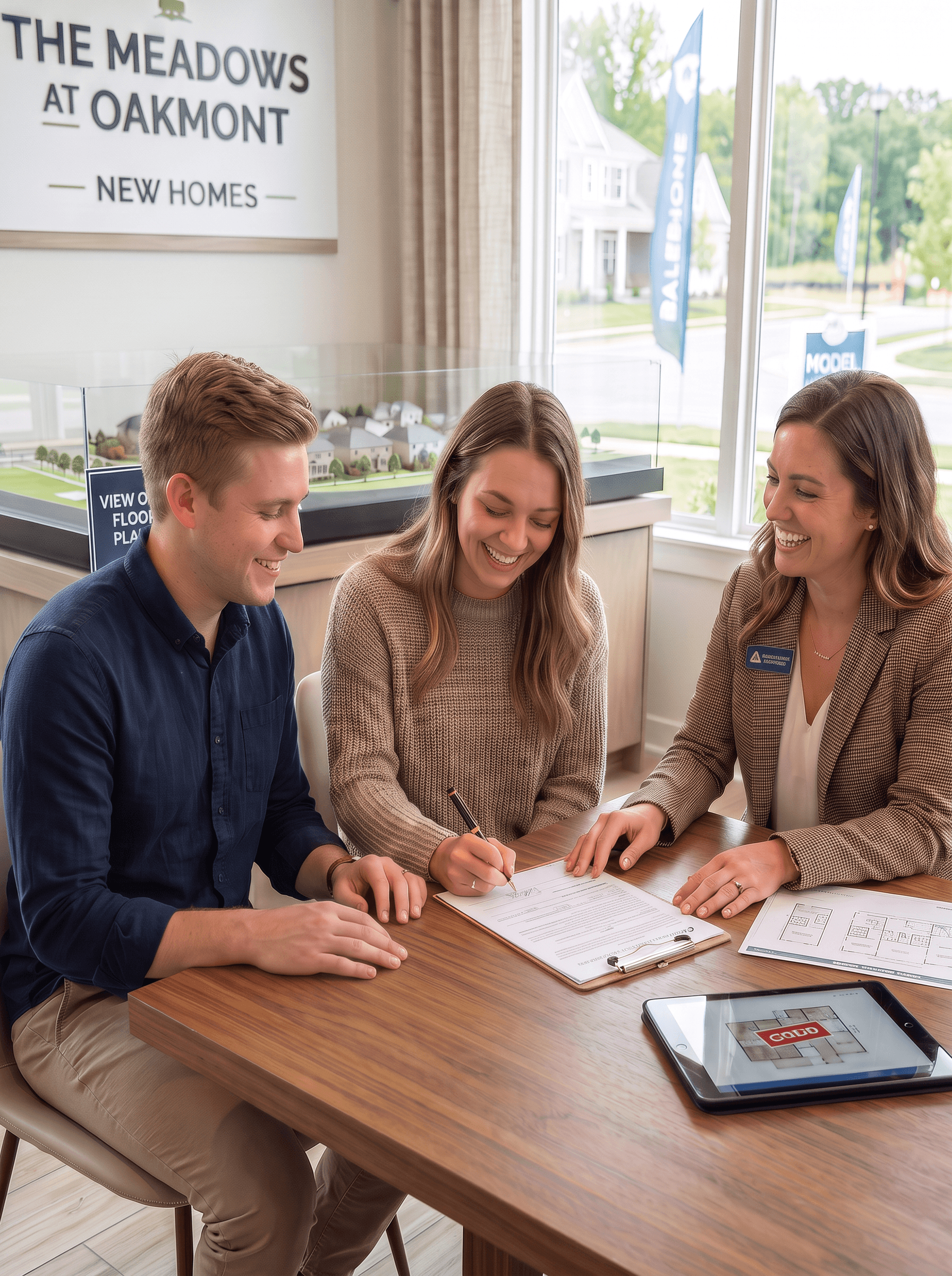 Couple reviewing a contract with a sales agent at The Meadows at Oakmont sales office