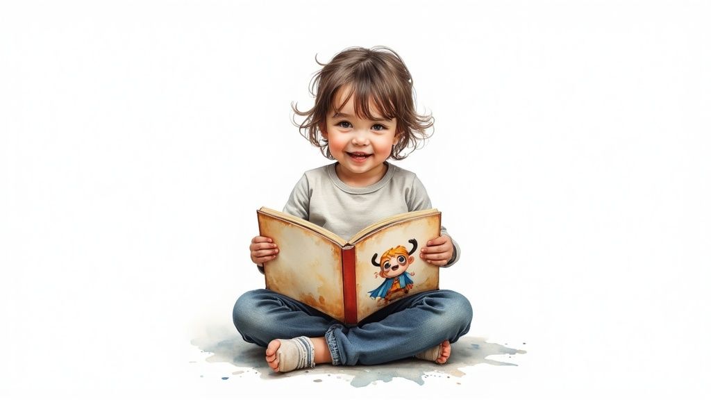 A joyful toddler sits cross-legged, holding an open storybook with a cartoon character, smiling at the camera.