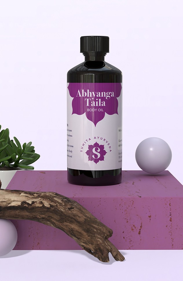 Abhyanga Taila Ayurvedic body oil bottle designed with Suhita Ayurveda brand identity