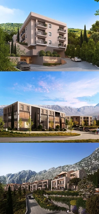 Collage of B Capital Group developments in Montenegro, showcasing Topla Homes, Nexus Residences, and Olive Grove against natural coastal and mountain landscapes.