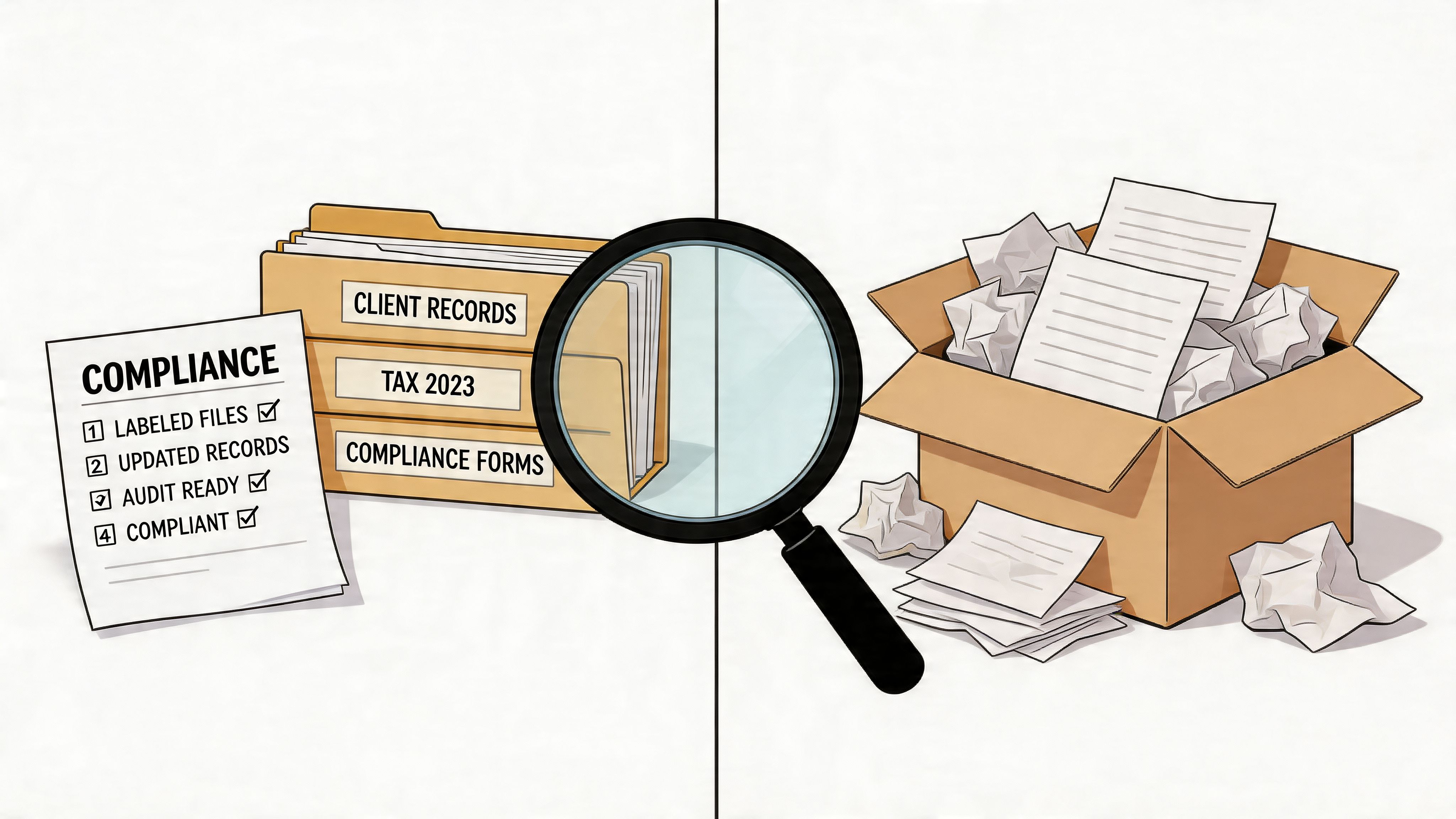 A comparison showing organized file folders on the left versus a messy box of papers on the right.