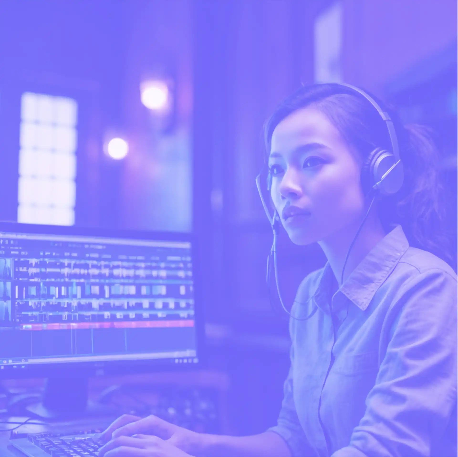 woman with editing software and audio equipment