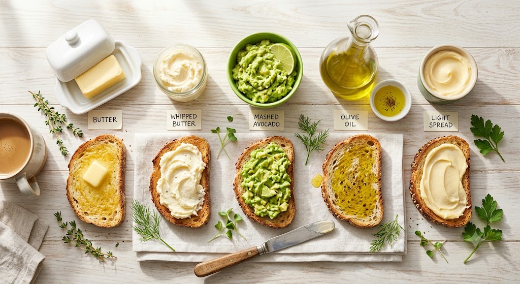 An overhead view comparing five different healthy toast toppings and their corresponding spreads, including stick butter, whipped butter, mashed avocado with lime, extra virgin olive oil, and light spread. The slices of artisanal toast are arranged on a light wooden table with fresh herbs, a coffee cup, and a butter knife, featuring clear, handwritten labels.
