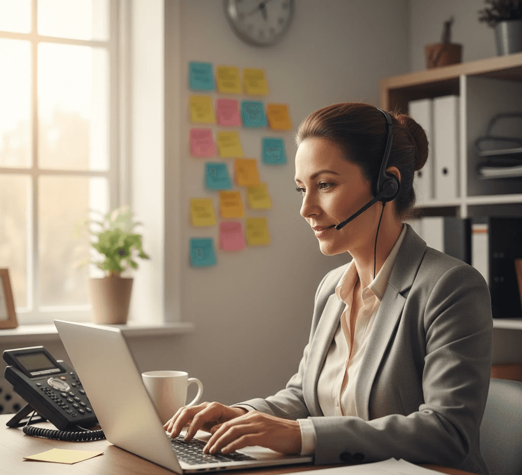 A professional woman in her 40s wearing a headset and grey blazer, calmly typing on a laptop in a bright, organized office with sticky notes on the wall and natural light from a window.