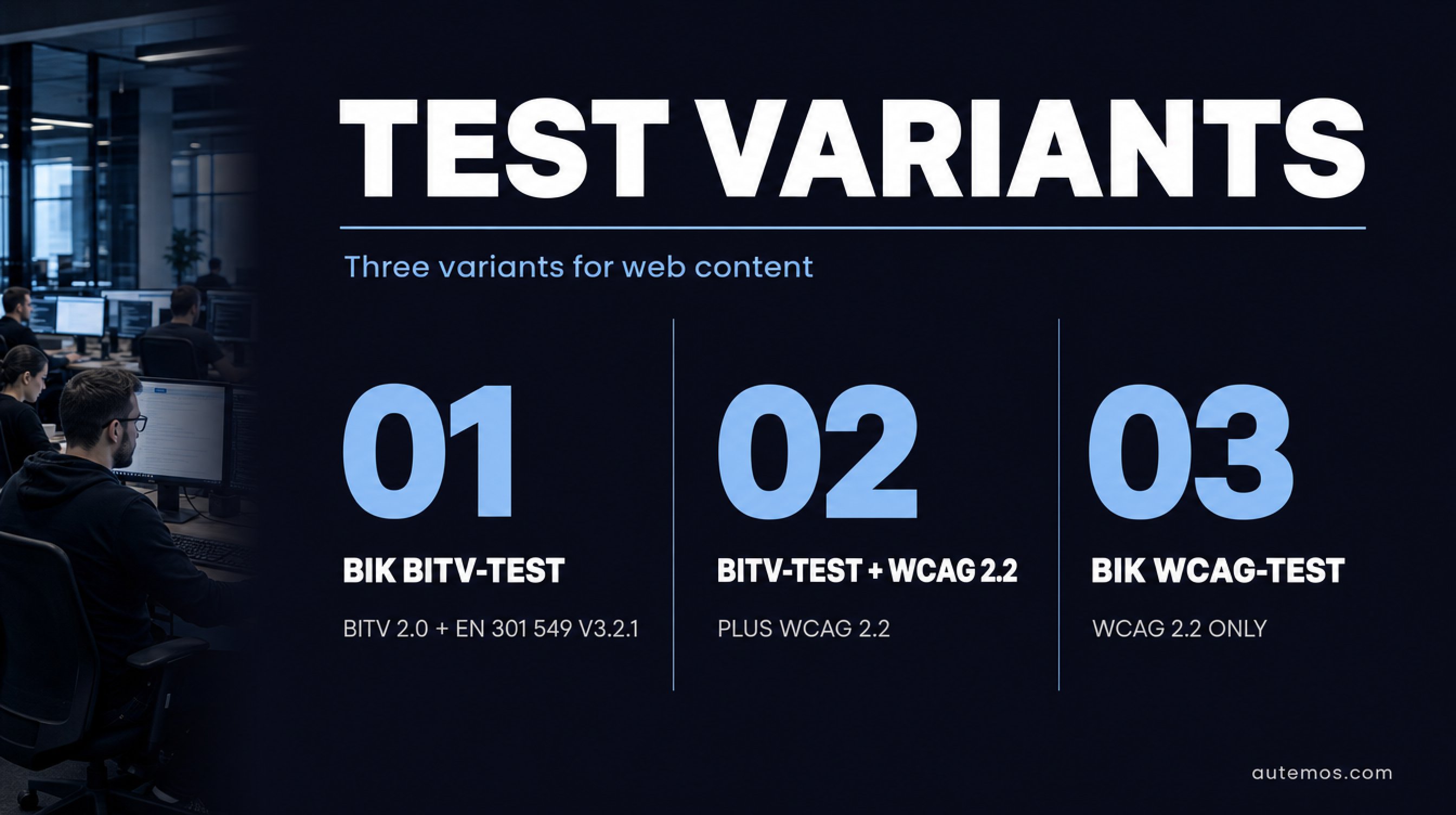 Three test variants compared: BIK BITV-Test against BITV 2.0 and EN 301 549 V3.2.1, BITV-Test plus WCAG 2.2, and BIK WCAG-Test against WCAG 2.2 only.