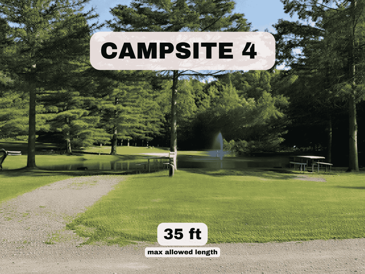 Lakeside RV site 4 with fountain view. Text: Campsite 4, 35 ft max allowed length.