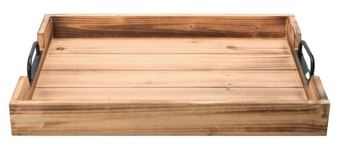 Handcrafted rectangular wooden serving tray with metal handles