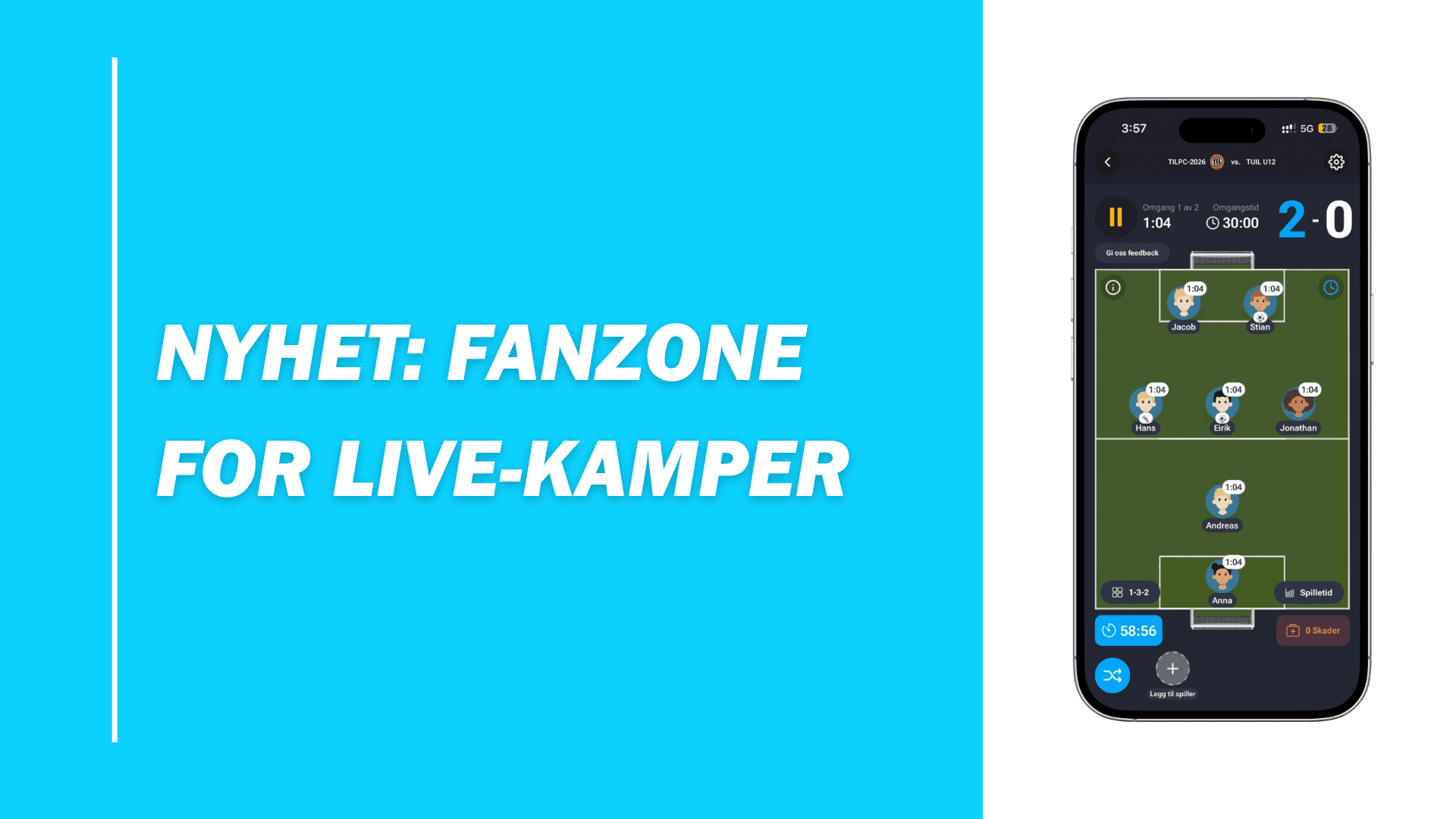 Blogg-miniatyrbilde for appoppdatering med teksten «NYHET: FANZONE FOR LIVE-KAMPER» og en mobilskjerm som viser kampoppstilling.