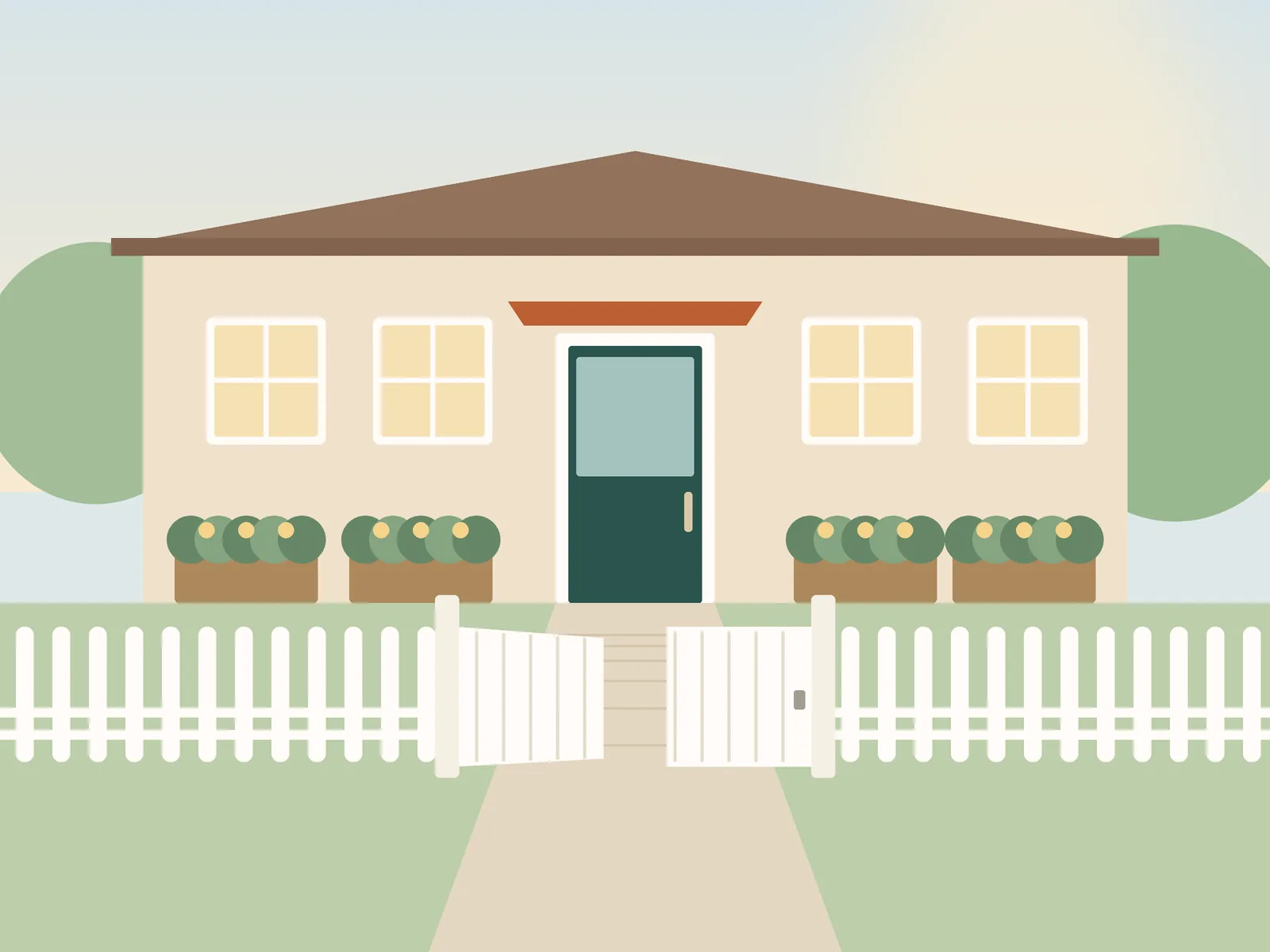 Center entrance with gated walkway
