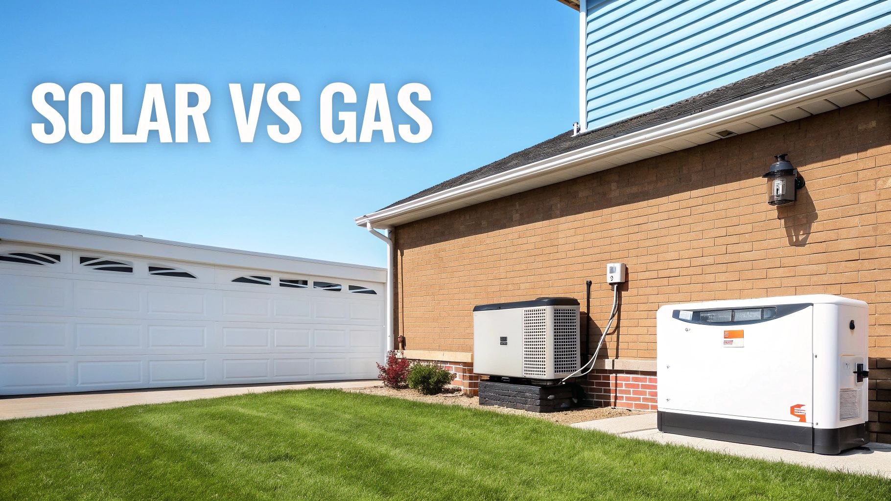 Two generators, a white and a beige one, sit beside a brick house with a green lawn, comparing solar and gas power.