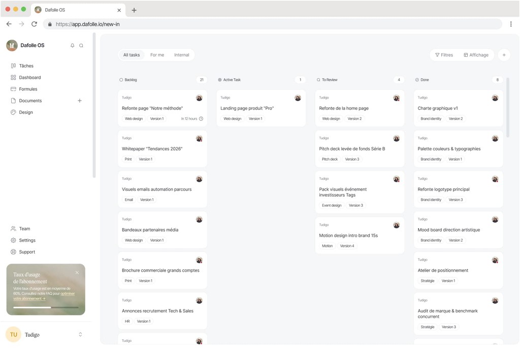 The Dafolle OS client portal, a board of tasks sorted by status