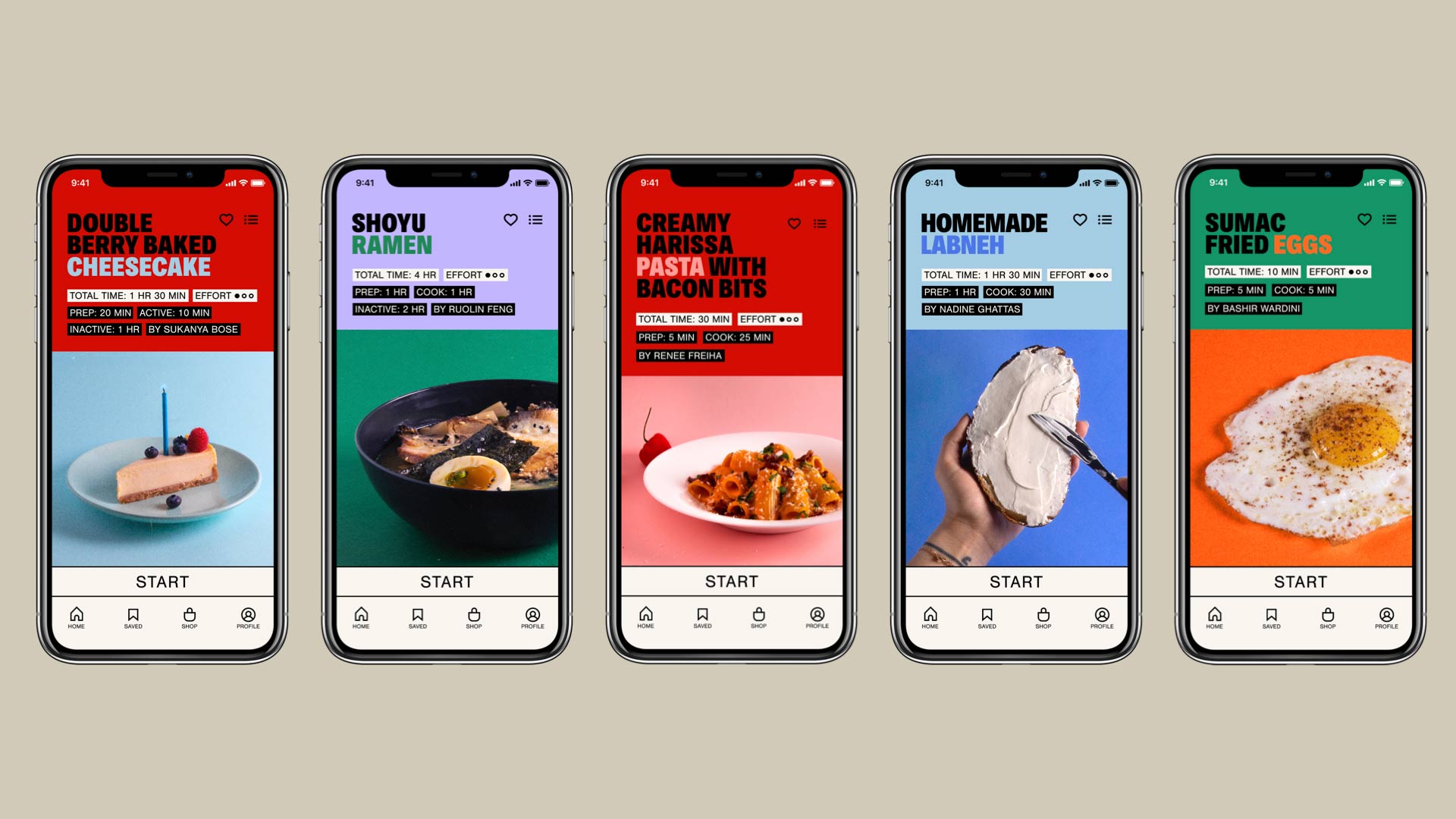 Five smartphones display food-related apps. From left to right: “DOUBLE BERRY BAKED CHEESECAKE,” “SHOYU RAMEN,” “CRÉAMY HARISSA WITH BACON BITS,” “HOMEMADE LABNEH,” and “SUMAC FRIED EGGS.” The screens show various food items and app interfaces.