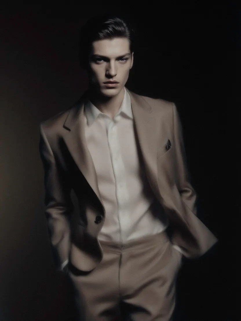 Portrait in a brown suit and pale shirt with hands in pockets.