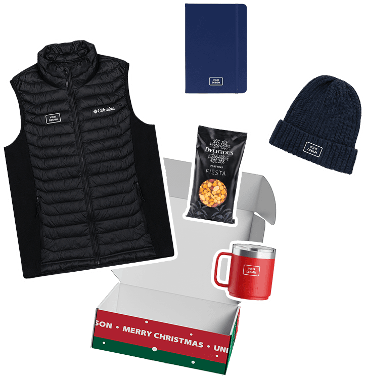 A collection of winter-themed items, including a black vest, blue notebook, beanie, coffee bag, red mug,
